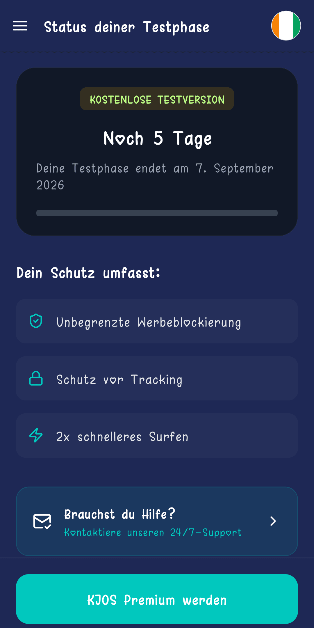 Testbildschirm mit 5 verbleibenden Tagen und dem Ablaufdatum