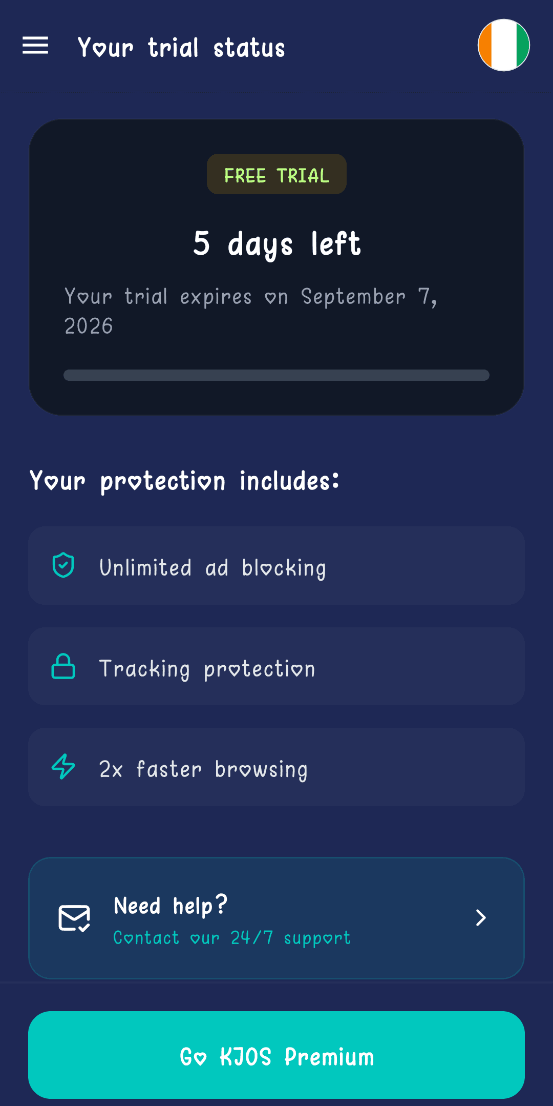Trial status screen showing 5 days left and the expiry date