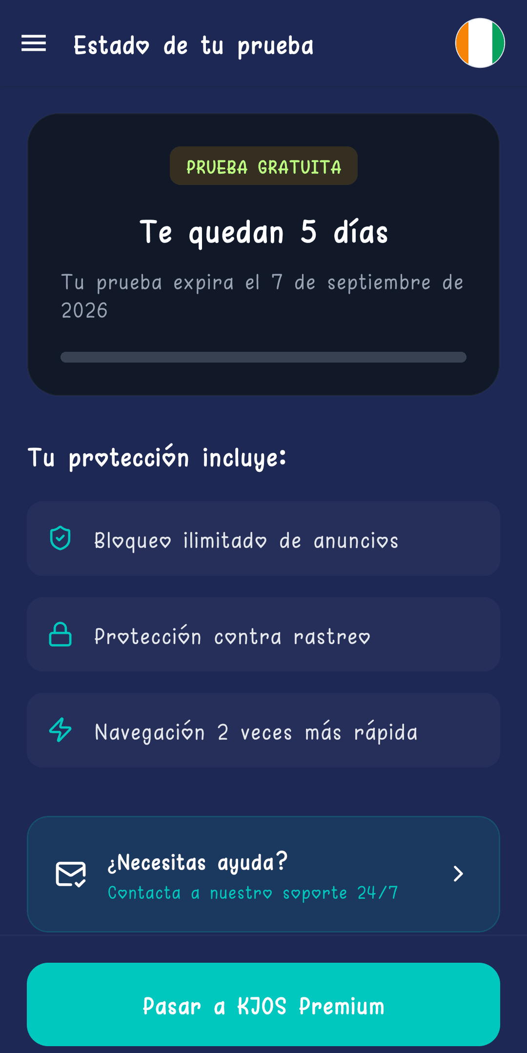 Pantalla Estado de tu prueba que indica 5 días restantes y la fecha de expiración