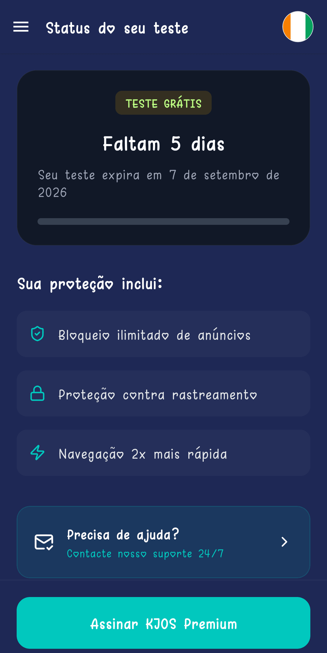 Ecrã Estado do seu teste a indicar 5 dias restantes e a data de expiração